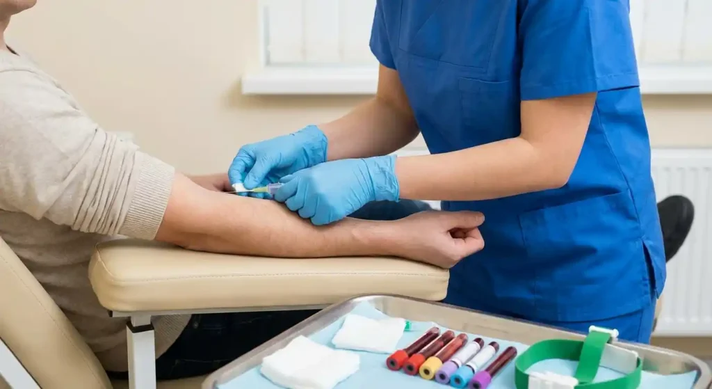 Phlebotomy technician drawing blood from a patient’s arm with sterile equipment and blood collection tubes in a clinical lab setting.