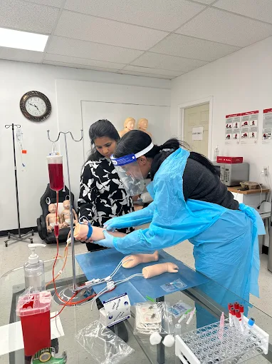student-simulation Instructor demonstrating phlebotomy procedure on training arm to student during hands-on healthcare skills session