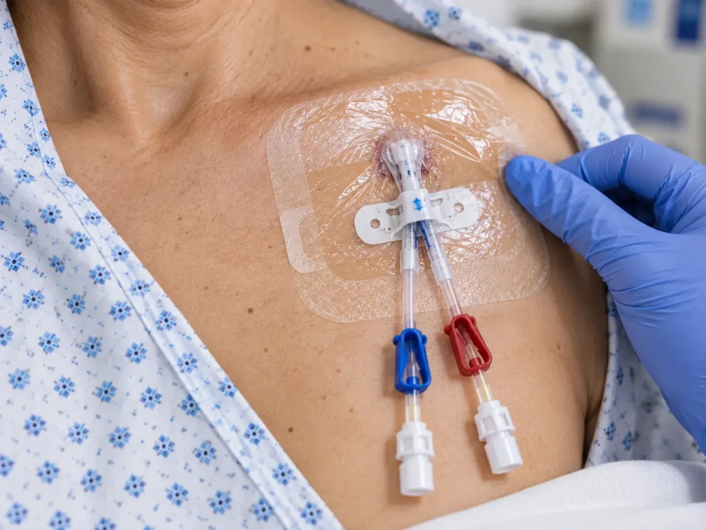 Dual-lumen central venous catheter secured with a clear dressing on a patient's upper chest
