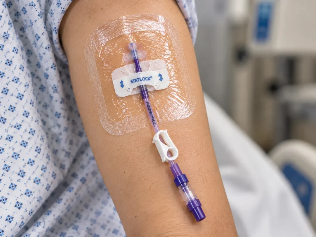 Peripherally inserted central catheter secured with a StatLock device and clear dressing on a patient's upper arm