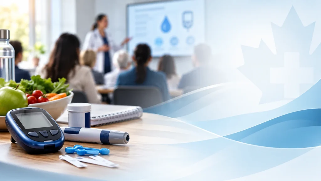 Diabetes education in Oshawa: an instructor presents to a seated group beside a glucose meter, lancing pen, test strips and a bowl of fresh vegetables and fruit