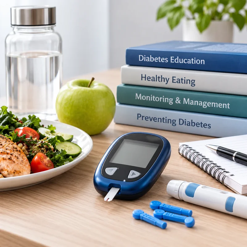 Diabetes education and prevention materials: a blood glucose meter with test strip, lancing pen and lancets, a healthy plate of salmon and salad, an apple, water, and books on healthy eating and diabetes management
