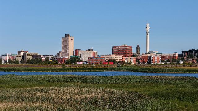 Aerial view of downtown Moncton, New Brunswick, across the Petitcodiac River